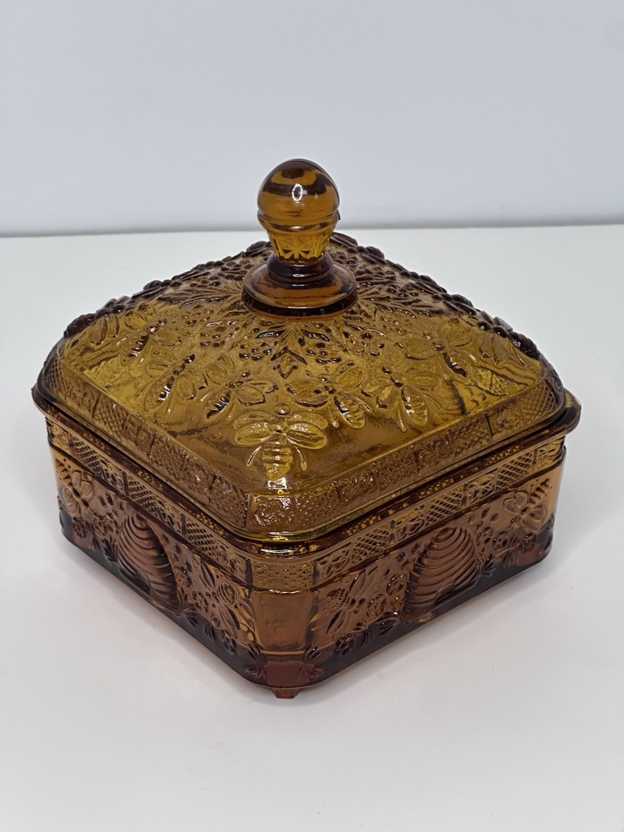 Vintage Tiara Amber Honey Bee Box Glass Square Candy Dish with Lid