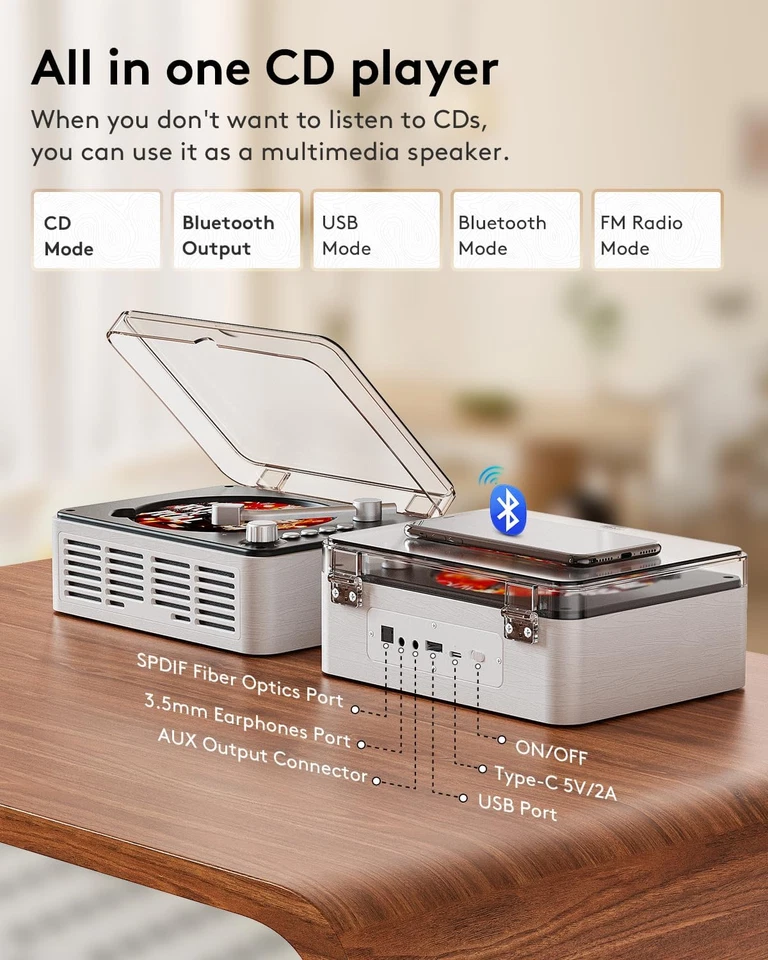 CD-Player mit Bluetooth Transmitter, Nostalgischer Retro Holz Musik Player, Built-I - Bild 4 von 4