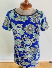 LOFT Paisley Short Sleeve Shift Dress Blue Teal Tan