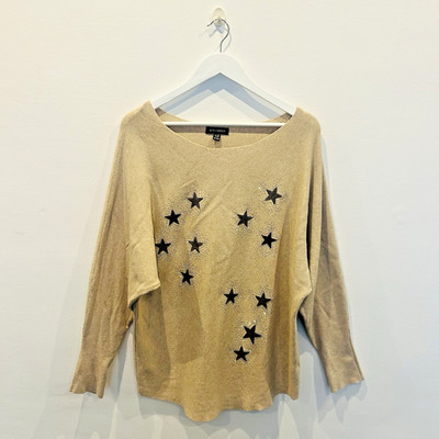 QED London Jumper Womens Small/Medium Beige Sparkle Star Pullover Long Sleeve