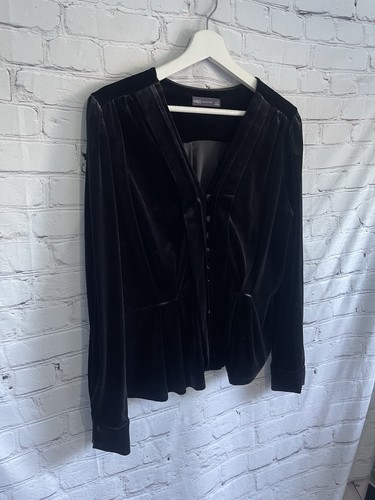 M&S Black Velvet Long Sleeve Peplum Top Buttons Goth/Classic Size 14 - Picture 9 of 9