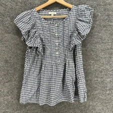 Max Studio Blouse Women L Large Gray Plaid 1/2 Button Short Sleeve Cotton Casual