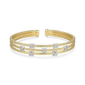 Authentic Gold-plated & 3-Row Mesh Cuff Bracelet CZ Floral Accents Charles Garnier