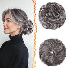 2 PCS Grey Messy Bun Hair Pieces - Elastic Brown Mix Gray Messy Bun Scrunchies H
