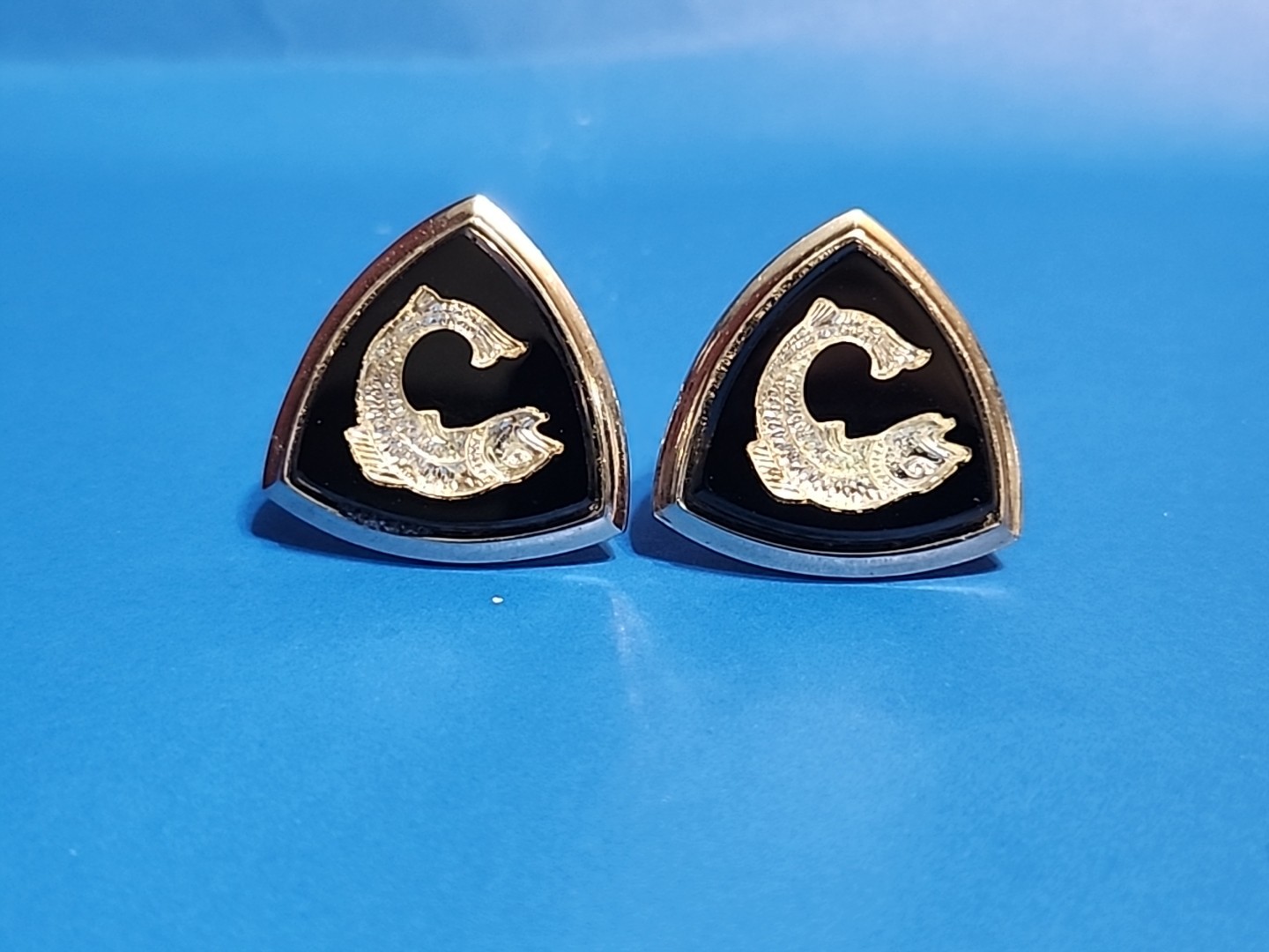 Fish Triangular Shape Bullet Back Silvertone Blac… - image 1