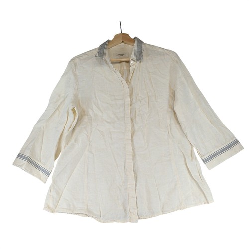 Weekend Max Mara Cream Linen Button Up Shirt 3/4 Sleeve Striped Trim Trim Collar
