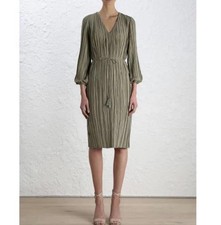ZIMMERMANN Karmic Plisse Pleated Midi Dress Size 1 / AU 10 / US 6 OLIVE Khaki