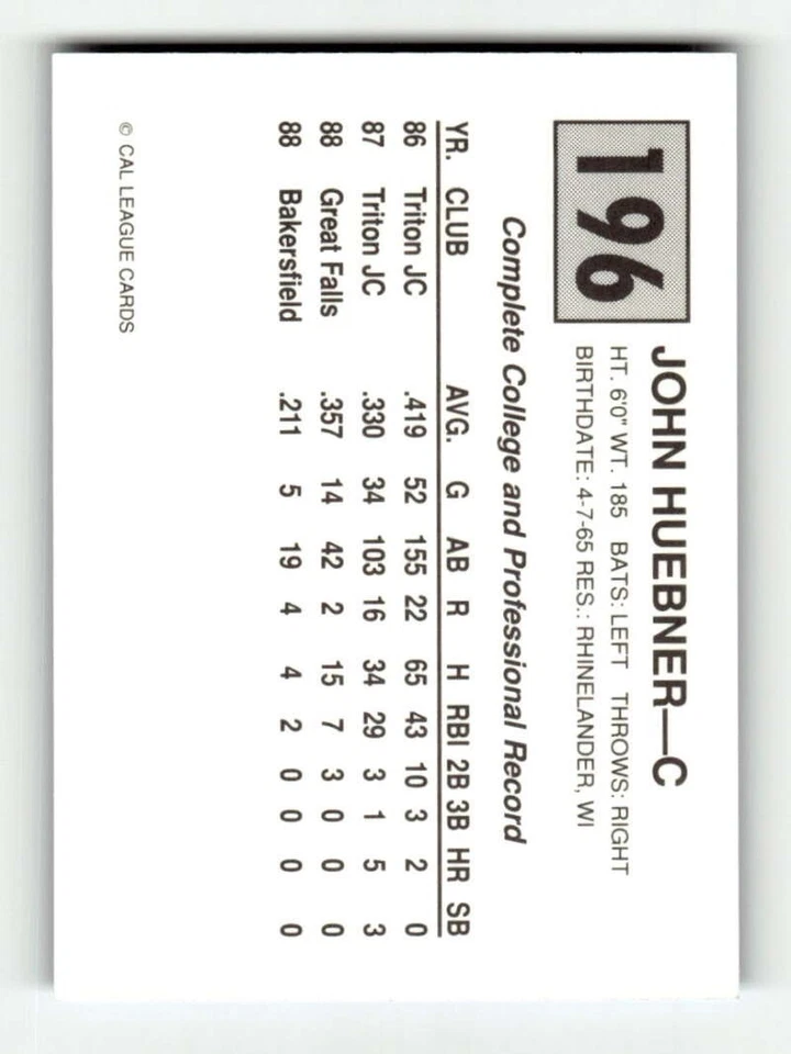 1989 Cal League Bakersfield Dodgers 196 John Huebner BXCP09 - Image 2 of 2