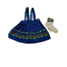 Lanz Salzburg Suspender Skirt Girls 4/5 Blue Linen Embroidered w/socks Vintage