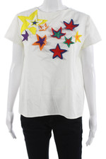 Mira Mikati Women White Cotton Round Neck Short Sleeve Blouse Zip Size 8