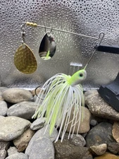 Hand Tied Spinnerbait-1/2oz Chartreuse/White Dbl Colorado Blade, 4/0 Mustad Hook