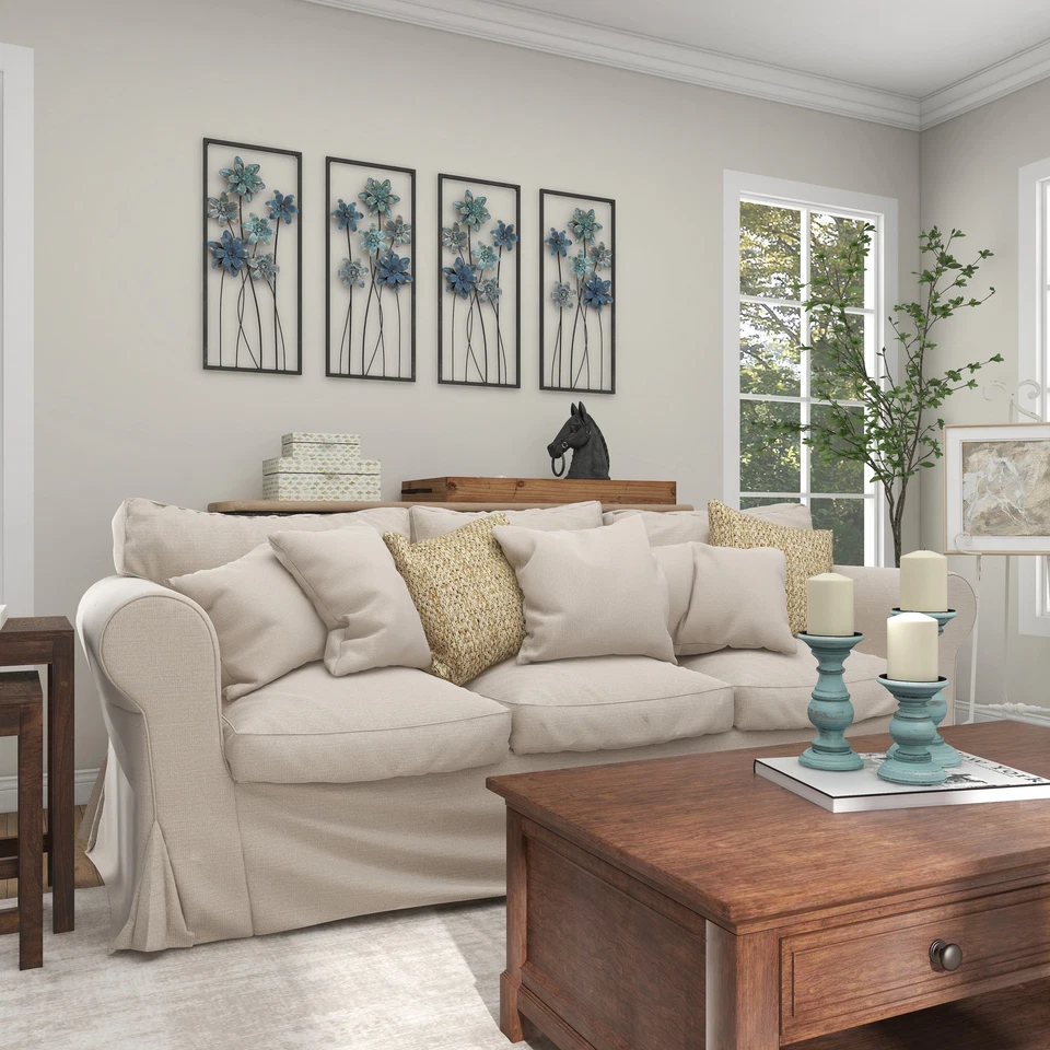 Decoración de pared floral de metal verde azulado para el hogar con marcos negros y verde azulado dorado Foto 3 de 4