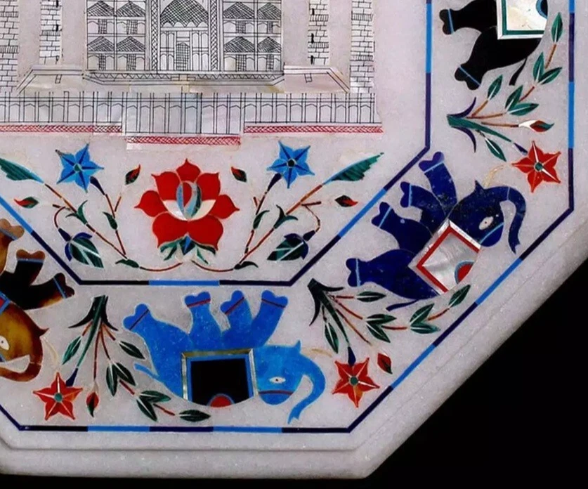 12" Octagon White Marble Coffee Table Mop Taj Mahal Design Handmade Elephant Dec - Image 3 of 4