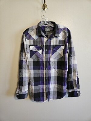 Straight Faded Mens Purple Plaid Long Sleeve Buttons Roll Tab Snap Pockets Sz. M