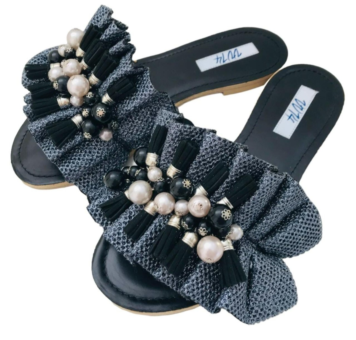 Via Vela 14 Womens Dalia Ruffle with Pearls Slide Sandals Black