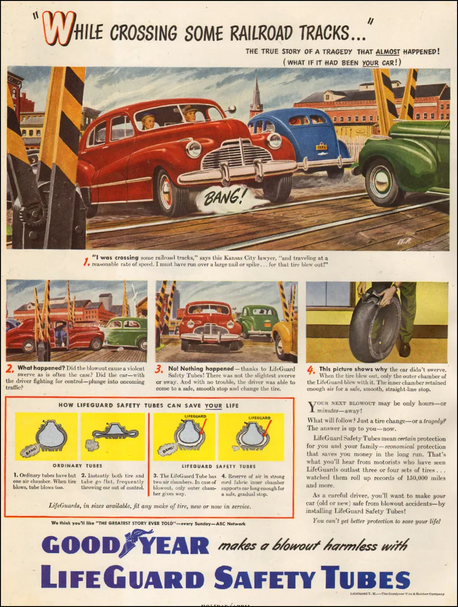 1940 vintage Tire AD GOODYEAR Lifeguard Safety Inner Tubes blowout