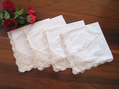Last CL@ Four Chic Corner Hand Crochet Lace Embroidery Beige Cotton Napkins