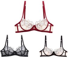 Woman's 3/4 Demi Cup Shelf Bra Crop Top Underwire Embroidery Mesh Balconette Bra