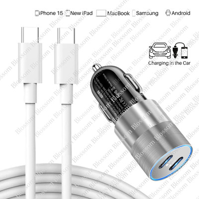 40W Dual USB-C Fast Car Charger Adapter Cable For iPhone 15 Pro Max Plus Samsung