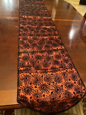 Halloween Hallmark Table Runner Spiders Web Black Orange Haunted House 70 Inches