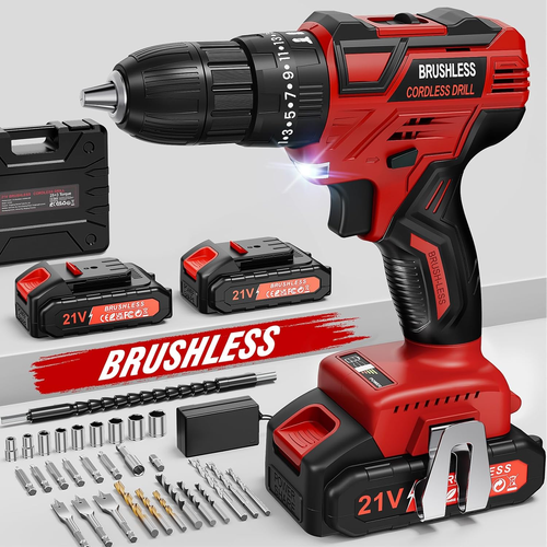 21V Trapano Avvitatore a Percussione Brushless, Batteria Con 2 Batteries, 60Nm M - Foto 10 di 12