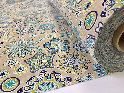 AQUARIUS Flower Mandala Stars Print Fabric Curtain Material 110' EXTRA wide BLUE