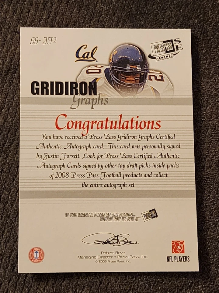 2008 Justin Forsett Press Pass SE Gridiron Graphs #GG-JF Rookie Auto RC - Image 2 of 2