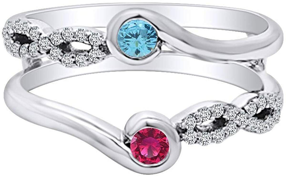 14k White Gold Plated Silver Simulated Birthstone & Diamond Enhancer Guard Ring