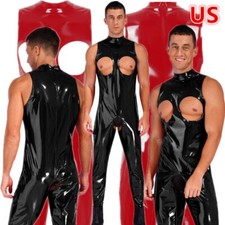 US Men's Metallic Shiny Leather Sleeveless Leotards Open Cups Crotch Jumpsuits