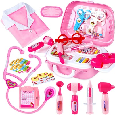 Pink Doctor Kit Toy for Girls Playset Roleplay Costume Storage Box Birthday Gift
