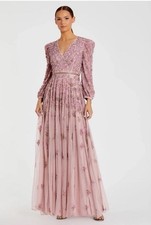Mac Duggal 5497 Embellished Maxi Gown Size 12 Pink V-Neck Long Sleeve A-Line NWT