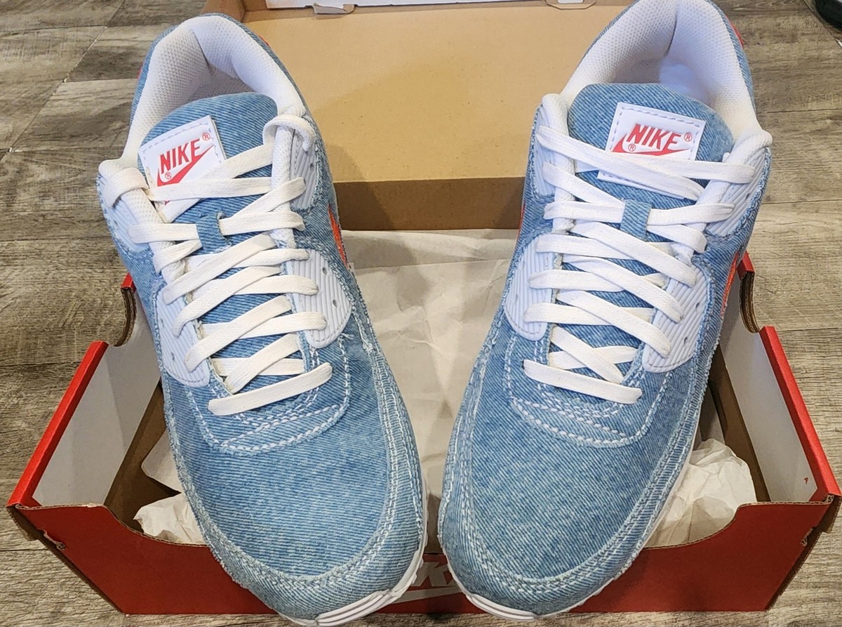 Nike Air Max 90 SE Denim Shoes DV2120 900 Blue Denim Red Habanero Sz 12 DS