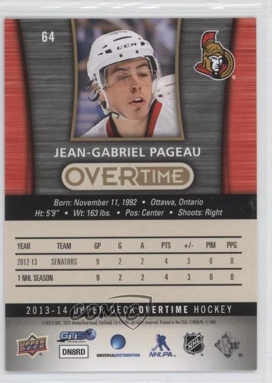 2013-14 Upper Deck Overtime Gold /99 Jean-Gabriel Pageau #64 Rookie RC - Image 2 of 2