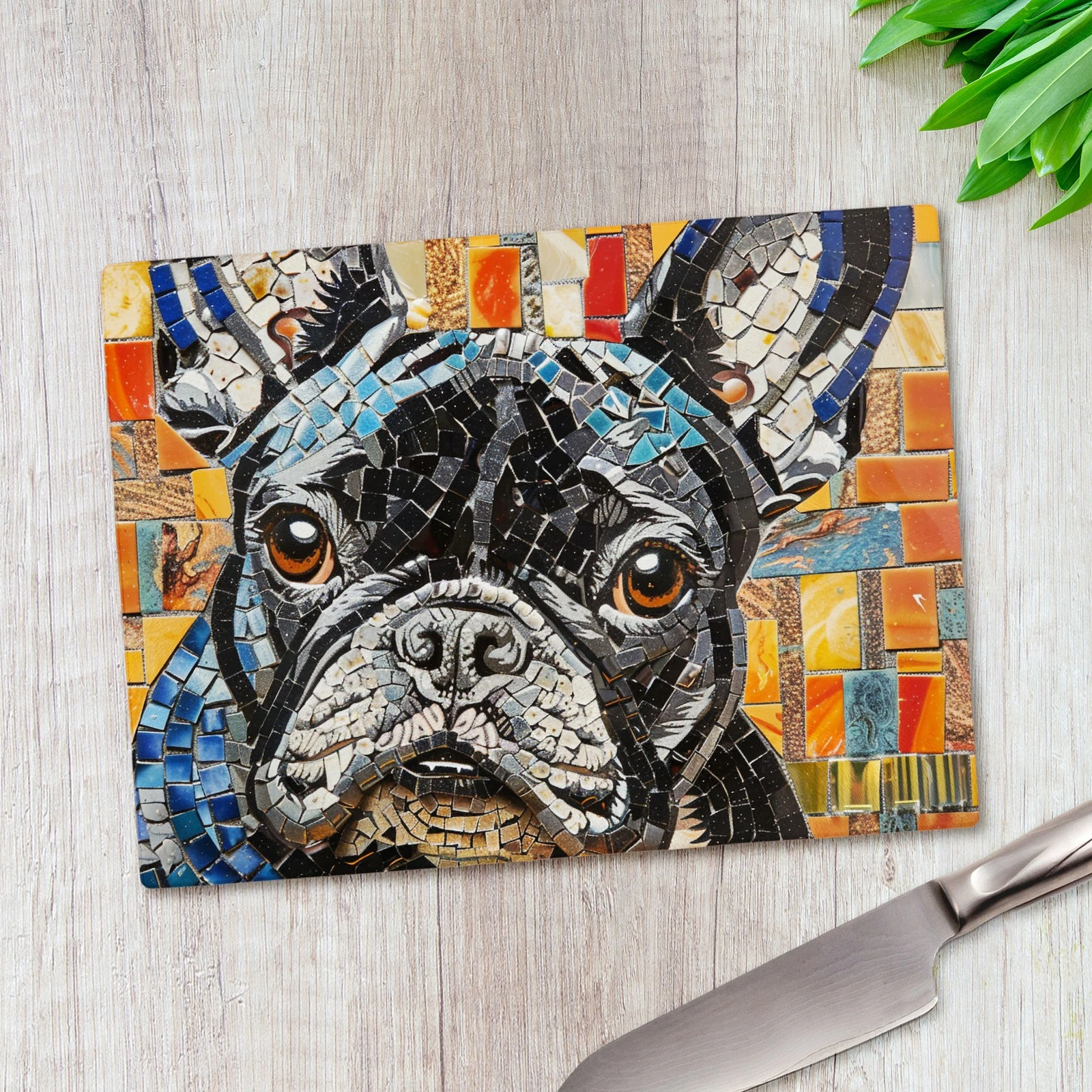 French Bulldog Mosaic Glass Chopping Board Large Kitchen Worktop Saver