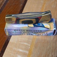 Single Blade Folding Knife with Brass Bolsters Multi-Colored Stained Wood w/ Box