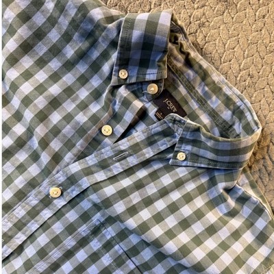 J.Crew Mens Gingham Button Down Shirt Green Blue Long Sleeve Cotton 51384 Small