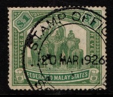 Malaya Federated Malay States 1922 1934 $1 One Dollar Elephants SG76a Used