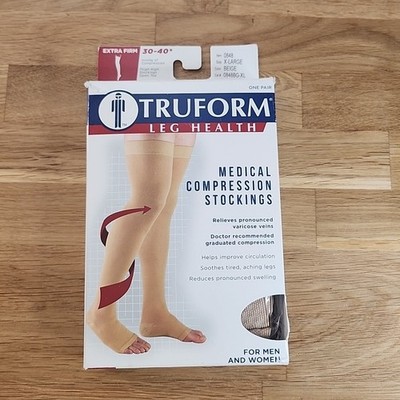 Truform 30-40 mmHg Extra Firm Compression Stockings XL Thigh High Open Toe Beige