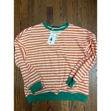 Sweatshirt Women S Orange Striped Oversized Green Trim Halloween Pumpkin Cozy