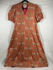 Emily McCarthy Midi Dress Women XS Orange Leopard Print Puff Sleeve V Neck Boho