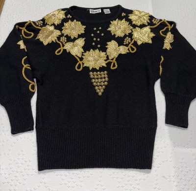 Vintage Black Sweater Floral Gold Beading Angora Rabbit Hair Lambswool Metallic