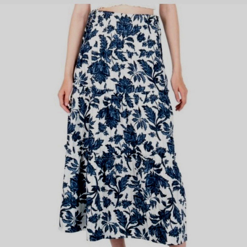 Maxi Skirt S 100% Cotton Floral Boho Beach Blue White Smocked Festival Travel-image