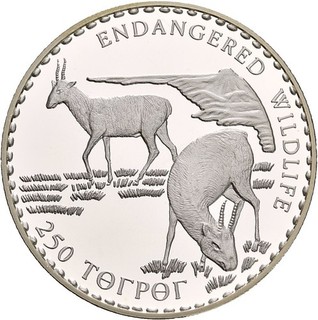 Künker: Mongolei 250 Tögrög 1993 Saiga Antilope Silber PP!