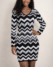 NYC Chevron Sweater Dress Women Black White V Neck Knit Stretch Size M