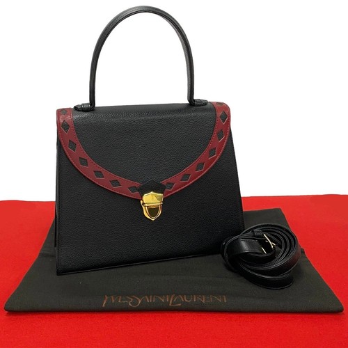 Yves Saint Laurent Cutout Punching Shoulder Bag Leather Black / Red #TVB1641