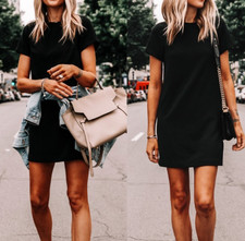 RD Style Mod Shift Mini Dress Size XS Black Short Sleeve Stretch Front Pockets