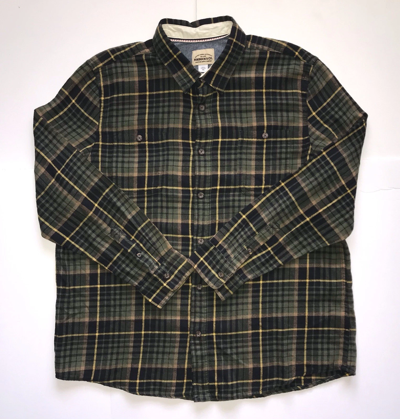 ROEBUCK & CO Flannel Men's XXL Green Yellow Plaid Western Cowboy Button Shirt