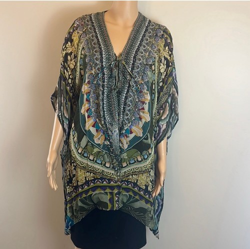 Camilla Silk Lace-Up Embellished Kaftan Tunic One Size NWOT