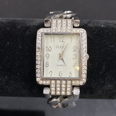 Ladies Studio Silver Tone Link Bracelet Watch Retro Wristwatch Square Face Bling