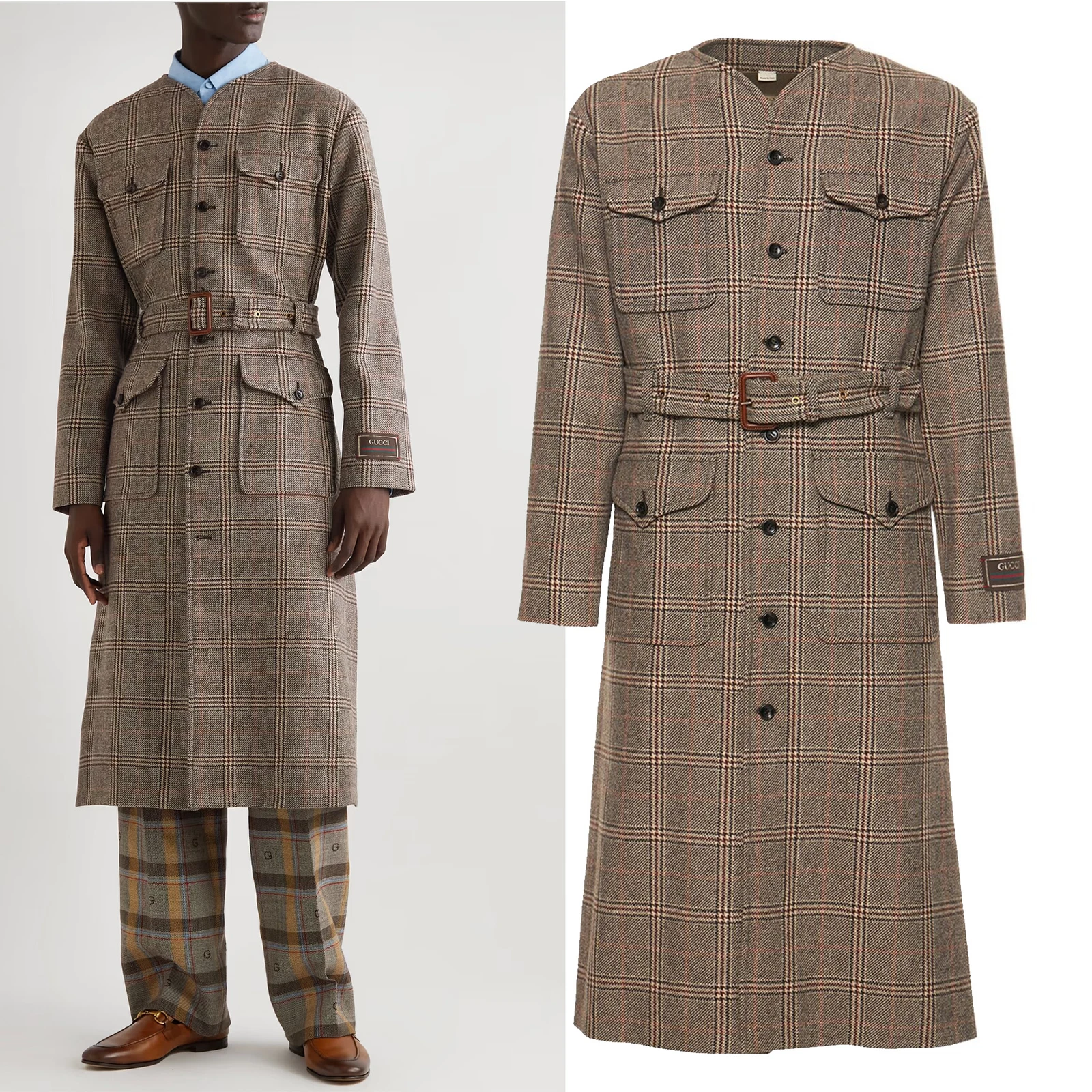 MANTEAU GUCCI HOMME CEINTURÉ PRINCE DE GALLES CARREAUX MARRON BEIGE LAINE 4 taille 48